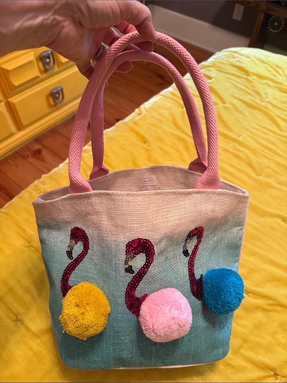 Mud Pie Pink-Handled Flamingo Pom Tote with Yellow Pink Blue Accents